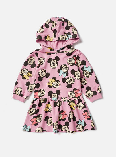 All Over Mickey and Minnie Print Drop Waist Dress with Hood and Long Sleeves-Dresses-image-0