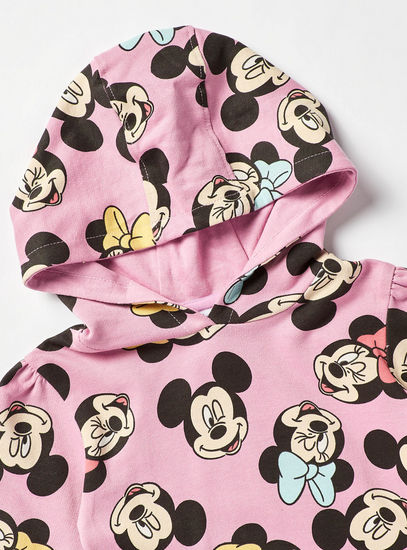 All Over Mickey and Minnie Print Drop Waist Dress with Hood and Long Sleeves