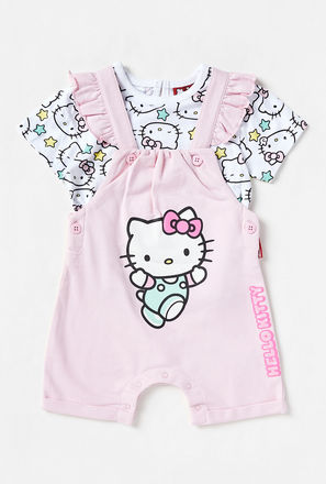 Hello Kitty Print T-shirt and Dungaree Set
