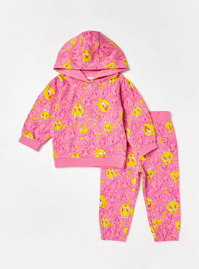 Tweety Print Hooded Sweatshirt and Joggers Set-Sets & Outfits-image-0