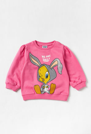 Tweety Glitter Print Sweatshirt with Long Sleeves and Round Neck