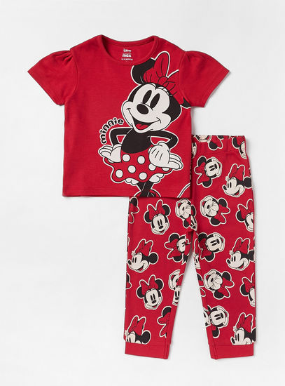 Minnie Mouse Print T-shirt and Pyjama Set-Pyjama Sets-image-0