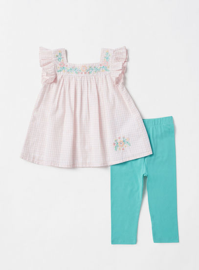 Gingham Checked Embroidered Tunic and Leggings Set-Sets & Outfits-image-0