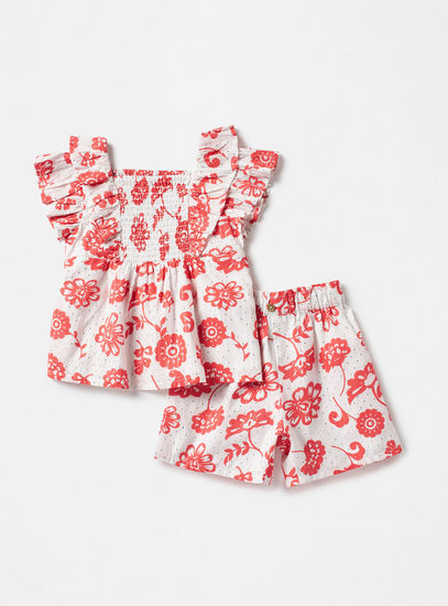 All-Over Floral Print Top with Shirring Detail and Shorts Set-Sets & Outfits-image-0