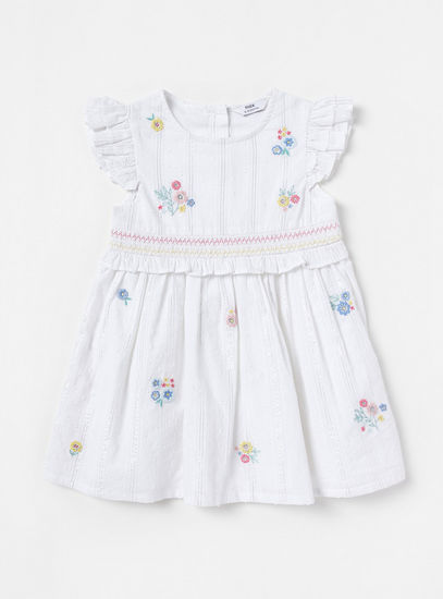 Embroidered Knee Length Dress with Smocked Detail-Casual Dresses-image-0