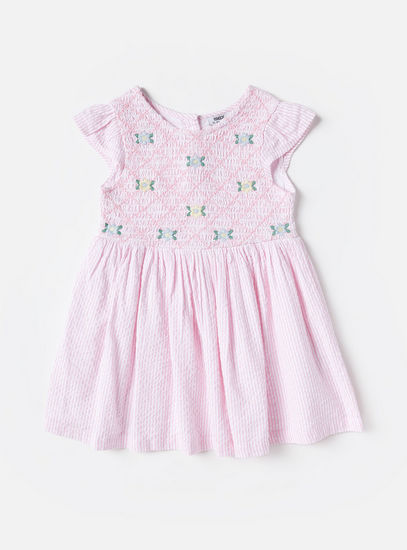Cotton Seersucker Floral Embroidered Knee Length Dress with Hairband