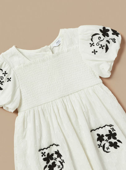 Textured Dress with Square Neck and Smocked Detail