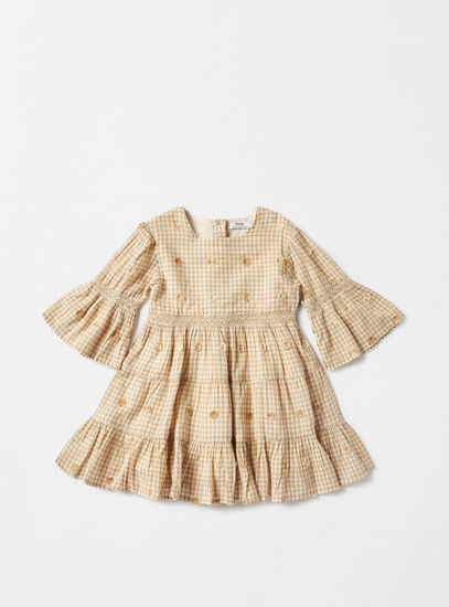Embroidered Checked Tiered Dress with Bell Sleeves-Occasion Dresses-image-0