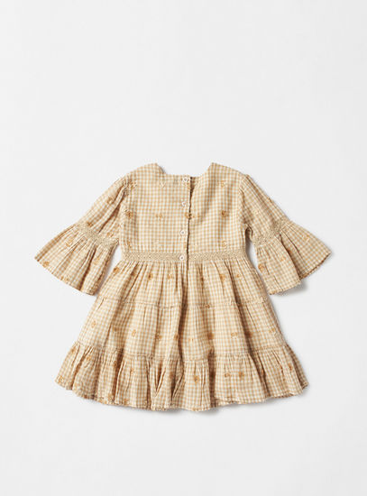 Embroidered Checked Tiered Dress with Bell Sleeves-Occasion Dresses-image-1