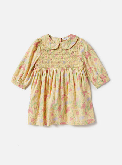 All-Over Floral Print Dress with Shirred Detail and Peter Pan Collar