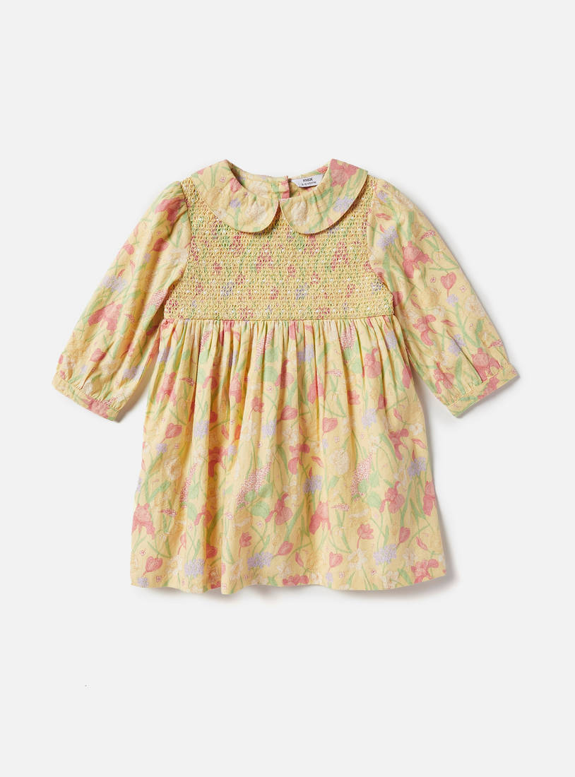 All-Over Floral Print Dress with Shirred Detail and Peter Pan Collar-Casual Dresses-image-0