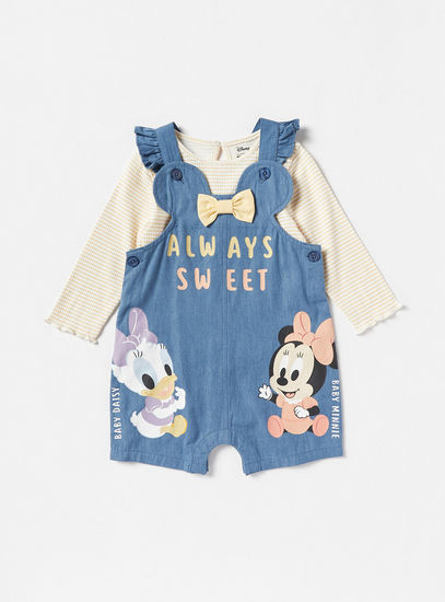 Minnie Mouse and Daisy Duck Print Dungaree and Striped T-shirt Set