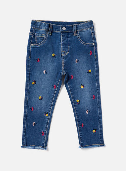 Floral Embroidered Denim Pants with Frayed Hem-Jeans-image-0