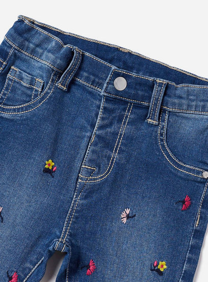 Floral Embroidered Denim Pants with Frayed Hem-Jeans-image-1