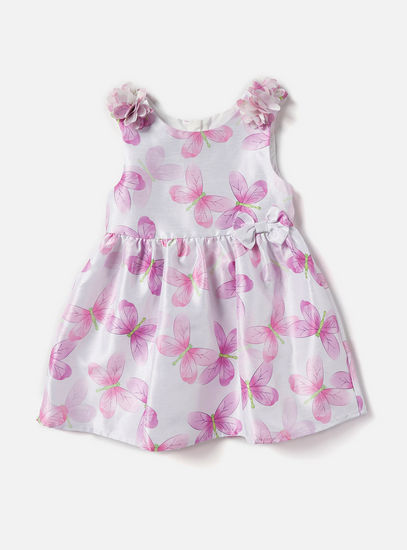All-Over Butterfly Print Sleeveless Dress with Bow Accent and Zip Closure