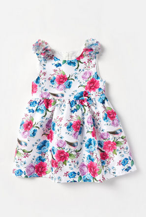 All-Over Floral Print Sleeveless Dress with Bow Accent and Zip Closure