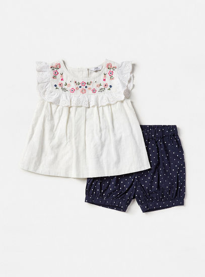 Floral Embroidered Top and Printed Shorts Set-Sets & Outfits-image-0