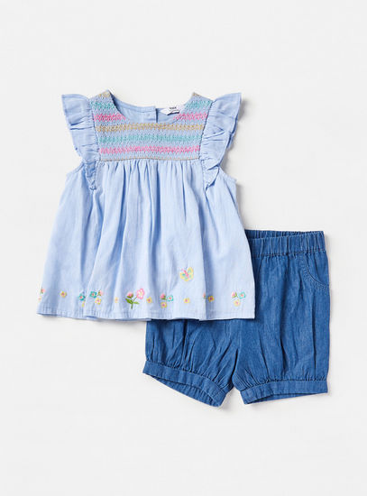 Floral Embroidered Top and Denim Shorts Set-Sets & Outfits-image-0