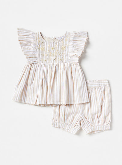 Striped Floral Embroidered Top and Shorts Set-Sets & Outfits-image-0