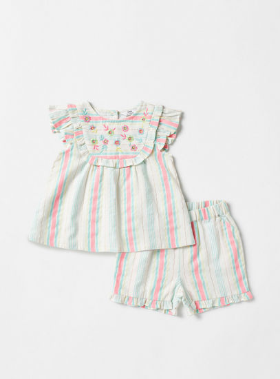 Embroidered Striped Top and Shorts Set-Sets & Outfits-image-0