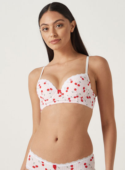 Cherry Print Padded Underwired Demi Bra with Hook and Eye Closure-Bras-image-0