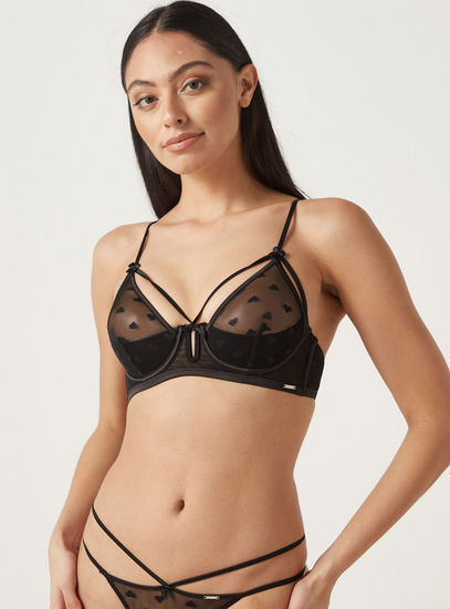 Mesh Detail Padded Underwired Bra with Adjustable Straps-Bras-image-0