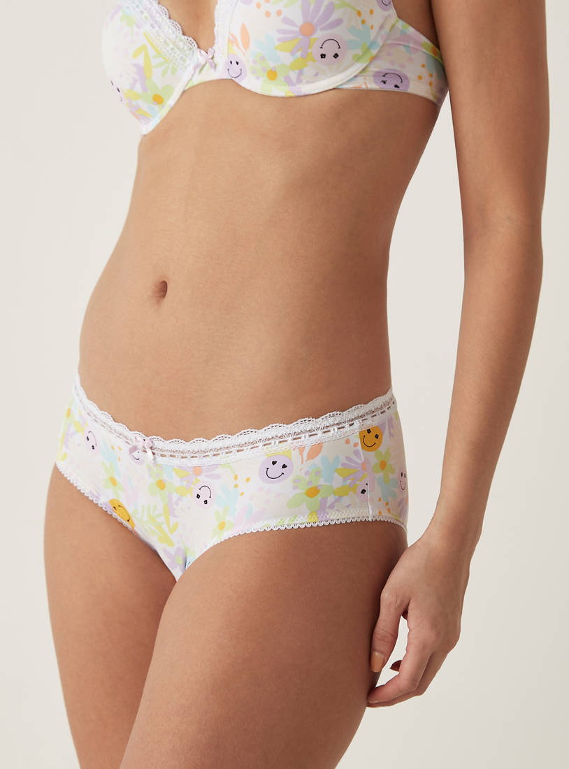Smiley Floral Print Hipster Briefs with Lace Detail-Panties-image-0