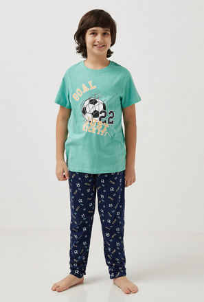 Football Print T-shirt and Pyjama Set