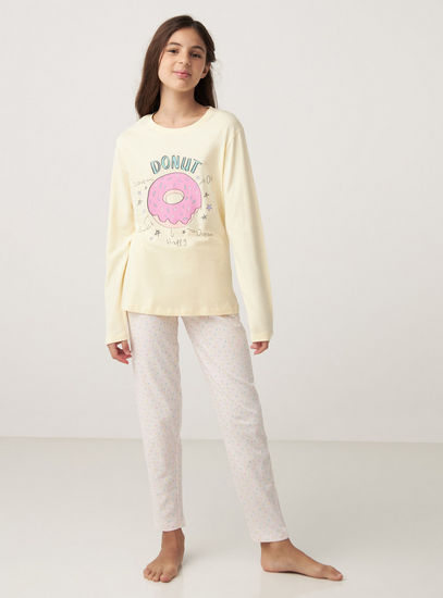 Donut Print Long Sleeve T-shirt and Pyjama Set-Pyjama Sets-image-0