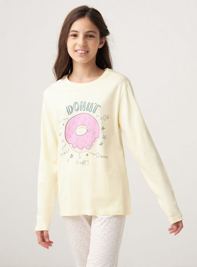 Donut Print Long Sleeve T-shirt and Pyjama Set