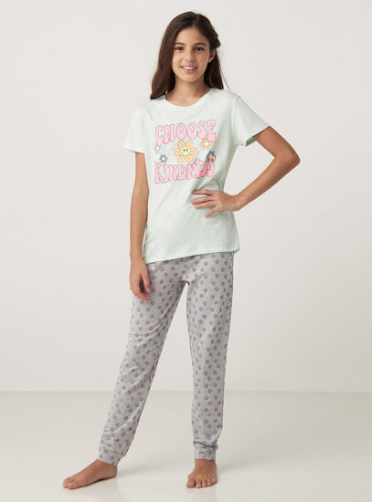 Printed Short Sleeve T-shirt and Pyjama Set-Pyjama Sets-image-0