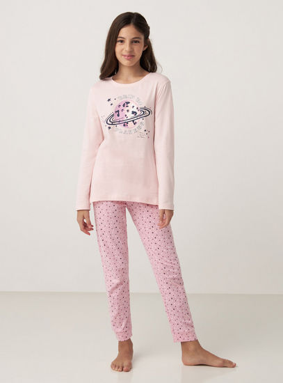 Printed Long Sleeve T-shirt and Pyjama Set-Pyjama Sets-image-0