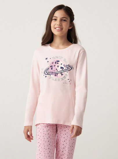 Printed Long Sleeve T-shirt and Pyjama Set-Pyjama Sets-image-1