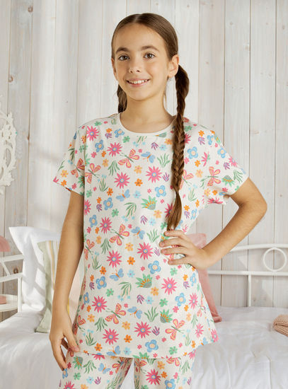 All-Over Floral and Butterfly Print Cotton Pyjama Set-Pyjama Sets-image-1