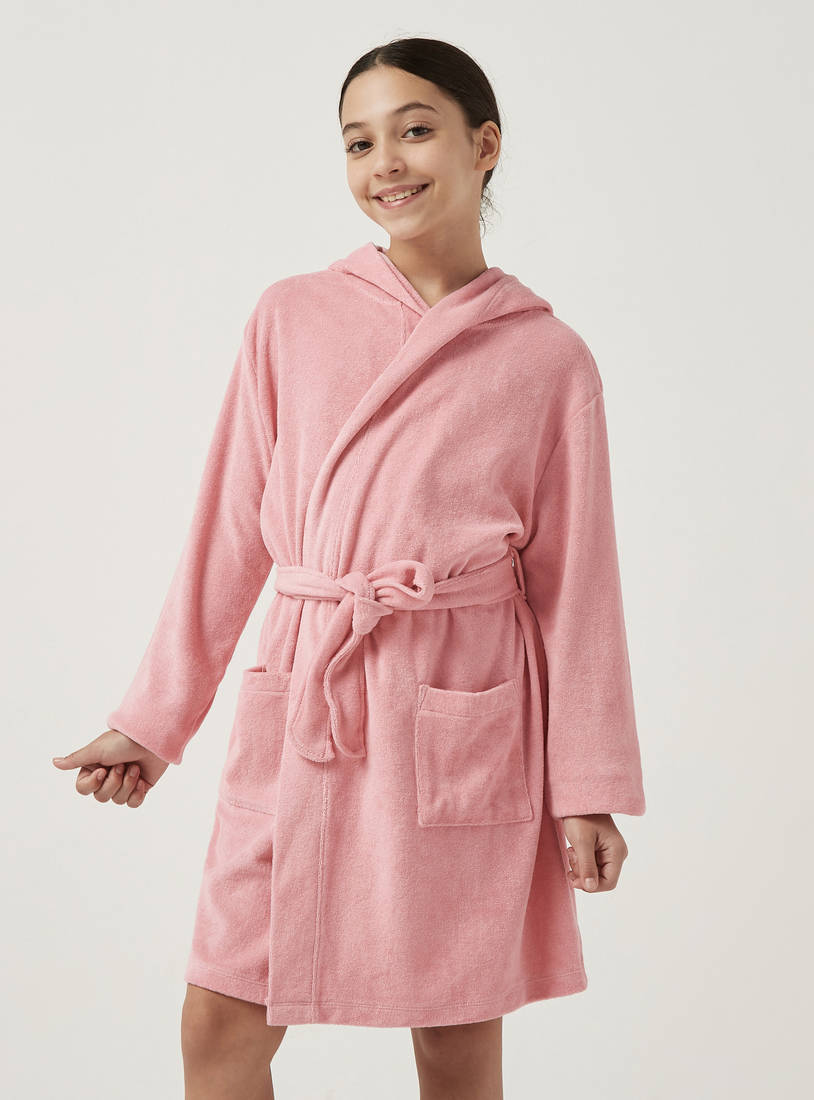 Plain Cotton Hooded Bathrobe with Tie-Up Belt-Robes & Onesies-image-0