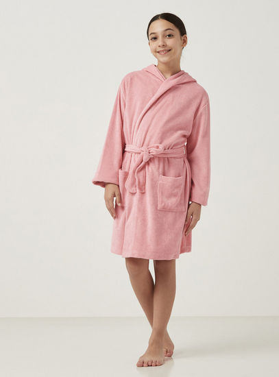 Plain Cotton Hooded Bathrobe with Tie-Up Belt-Robes & Onesies-image-1