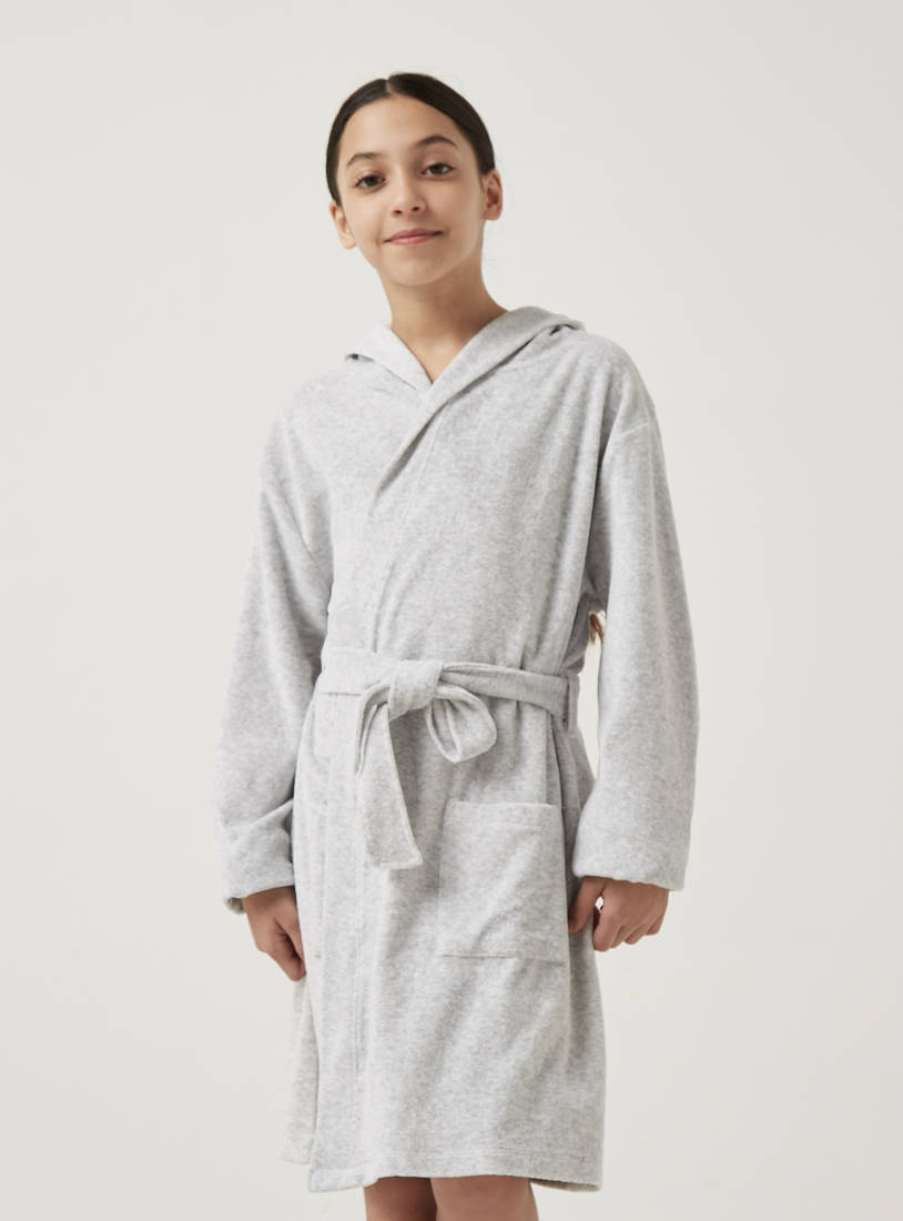Plain Hooded Bathrobe with Tie-Up Belt-Robes & Onesies-image-0