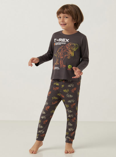 Dinosaur Print Round Neck T-shirt and Full Length Pyjama Set