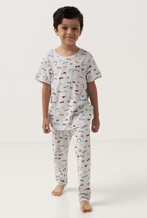 All-Over Print Round Neck T-shirt and Full Length Pyjama Set