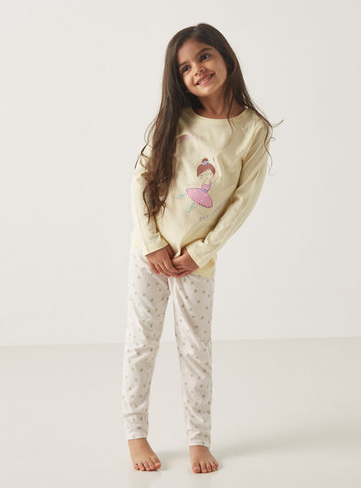 Ballerina Print Round Neck T-shirt and Full Length Pyjama Set