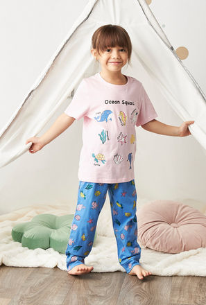 Sea Animals Graphic Print Cotton Pyjama Set-mxkids-girlstwotoeightyrs-clothing-nightwear-sets-2