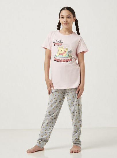 Winnie The Pooh Print T-shirt and Pyjama Set-Pyjama Sets-image-0
