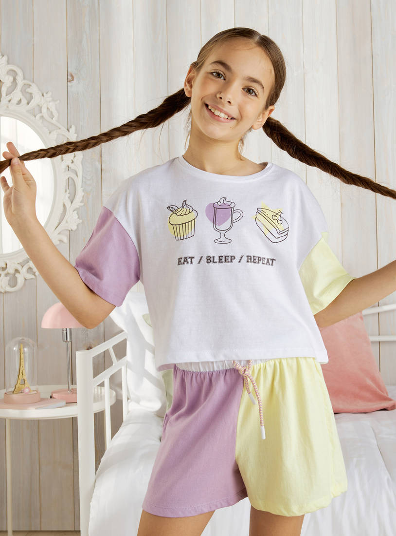 Colourblock Slogan Print Cotton Shorts Set-Pyjama Sets-image-1