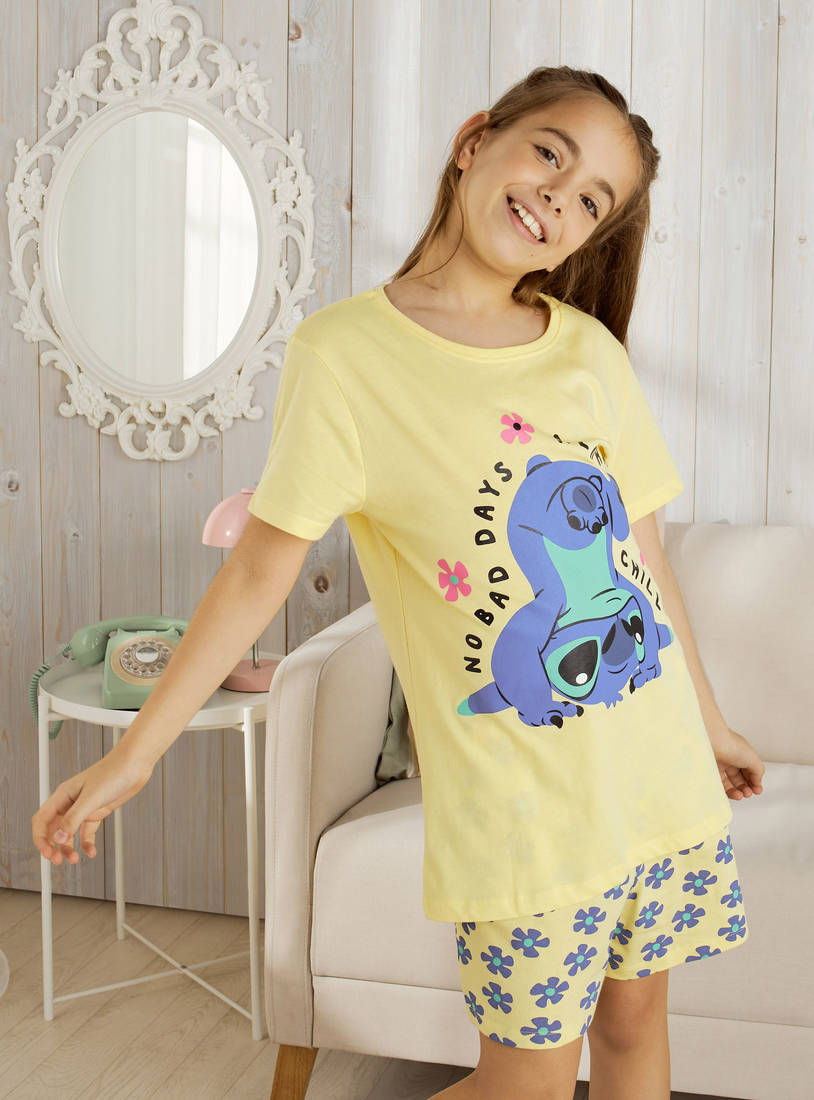 Stitch Print T-shirt and Shorts Set-Pyjama Sets-image-1