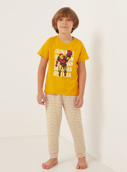 Iron Man Print T-shirt and Striped Pyjama Set-Nightwear-image-0