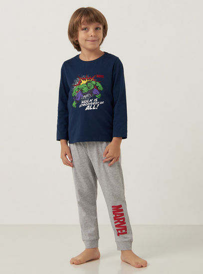 Hulk Print Round Neck T-shirt and Full Length Pyjama Set