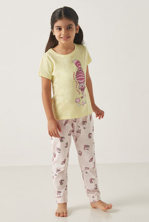Cheshire Cat Print Round Neck T-shirt and Full Length Pyjama Set-mxkids-girlstwotoeightyrs-clothing-character-nightwear-3