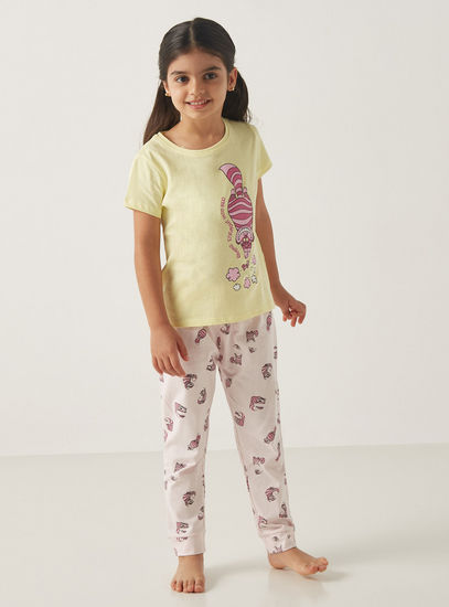 Cheshire Cat Print Round Neck T-shirt and Full Length Pyjama Set