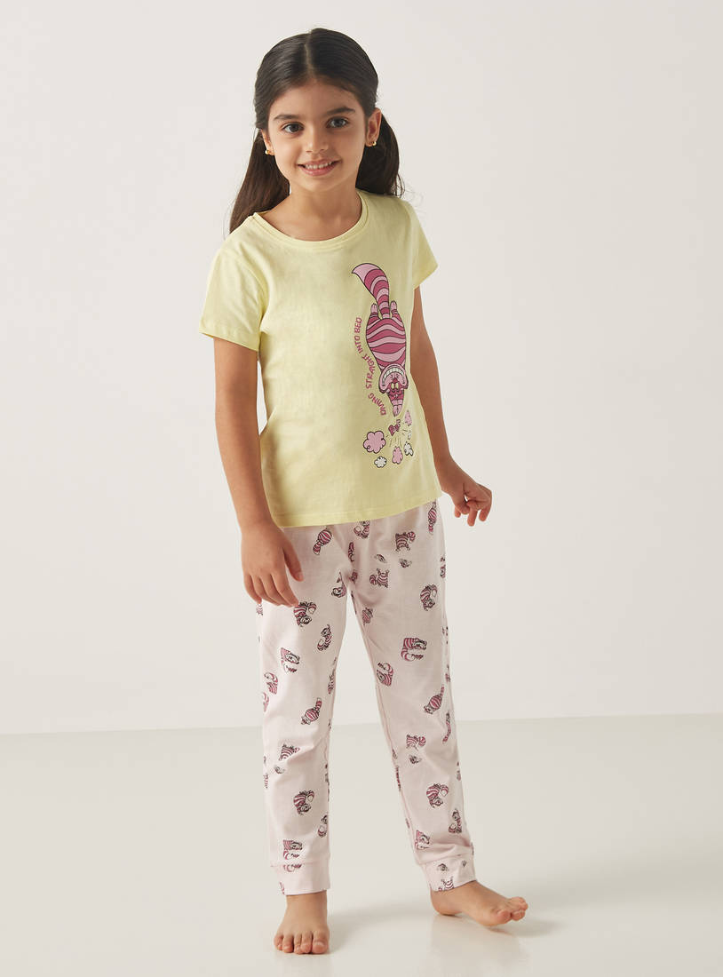 Cheshire Cat Print Round Neck T-shirt and Full Length Pyjama Set-Nightwear-image-0