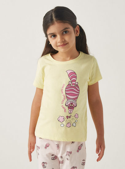 Cheshire Cat Print Round Neck T-shirt and Full Length Pyjama Set